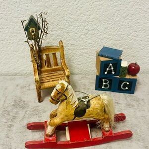 Vintage Wooden Rocking Horse , Rustic Chair and ABC Wooden Books